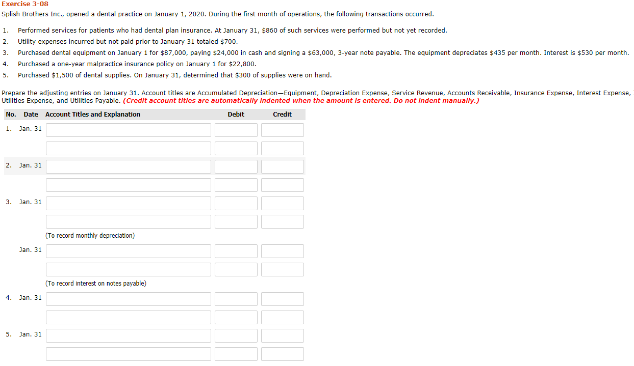 Exercise 3-08 Splish Brothers Inc., opened a dental practice on January