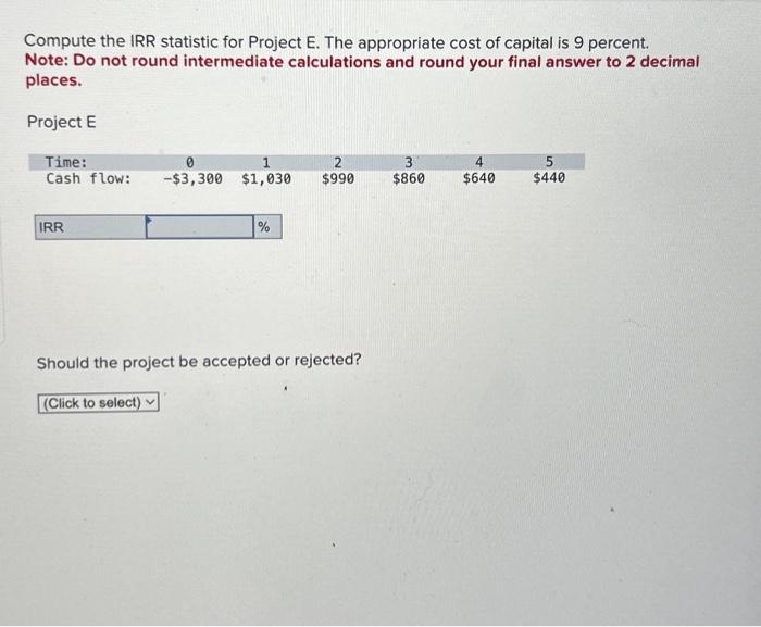  Compute the IRR statistic for Project E. The appropriate cost of