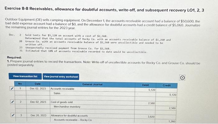  Exercise 8-8 Receivables, allowance for doubtful accounts, write-off, and subsequent recovery
