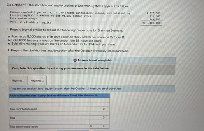  2. Prepare the stockholders' equity section after the October 11 treasury
