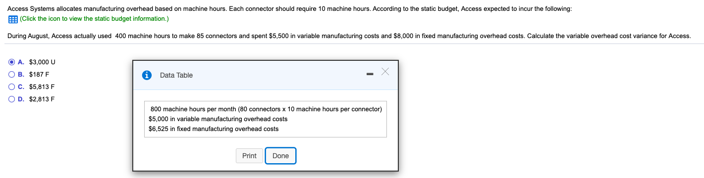  Access Systems allocates manufacturing overhead based on machine hours. Each connector