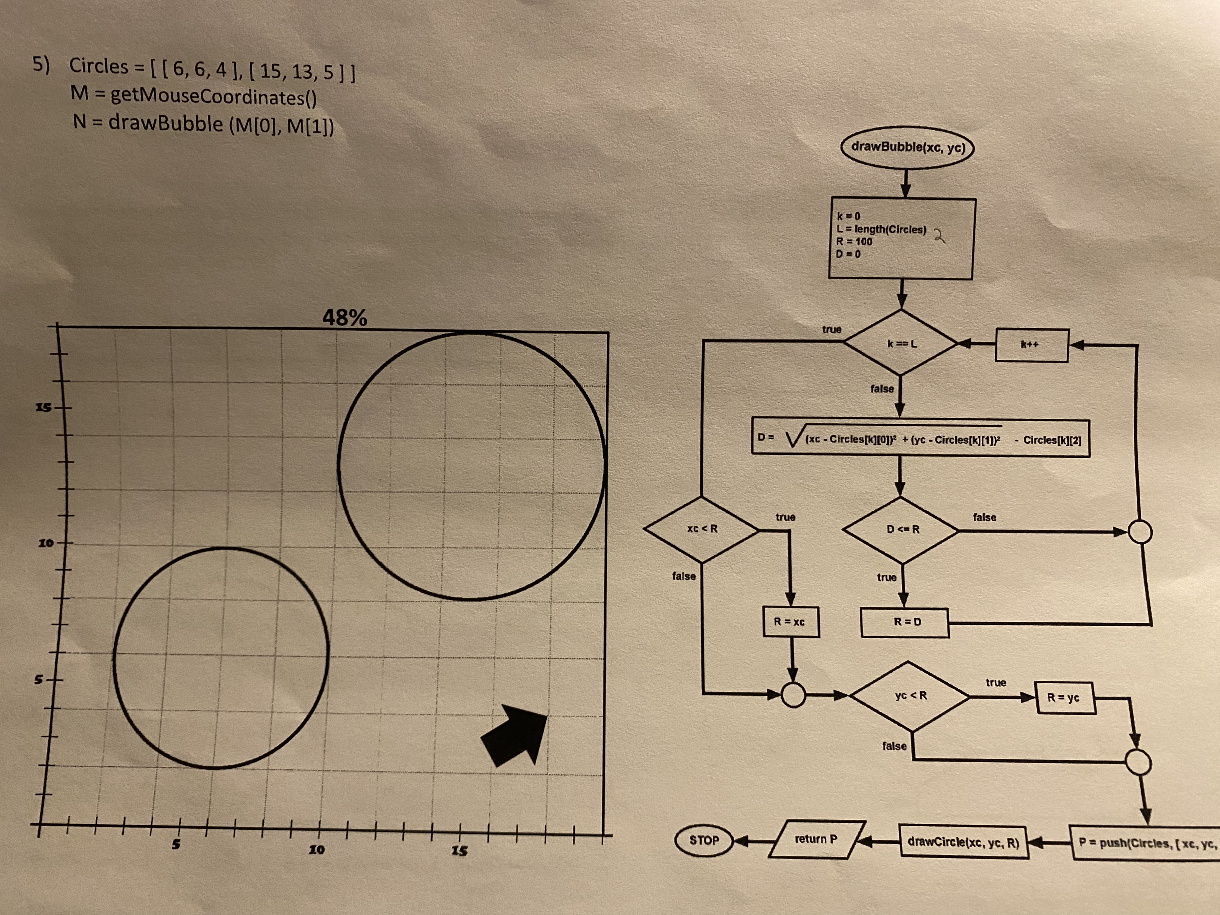  2) Circles =[[8,12,5],[15,5,3]] M= getMouseCoordinates() N= drawBubble (M[0], M[1]) 