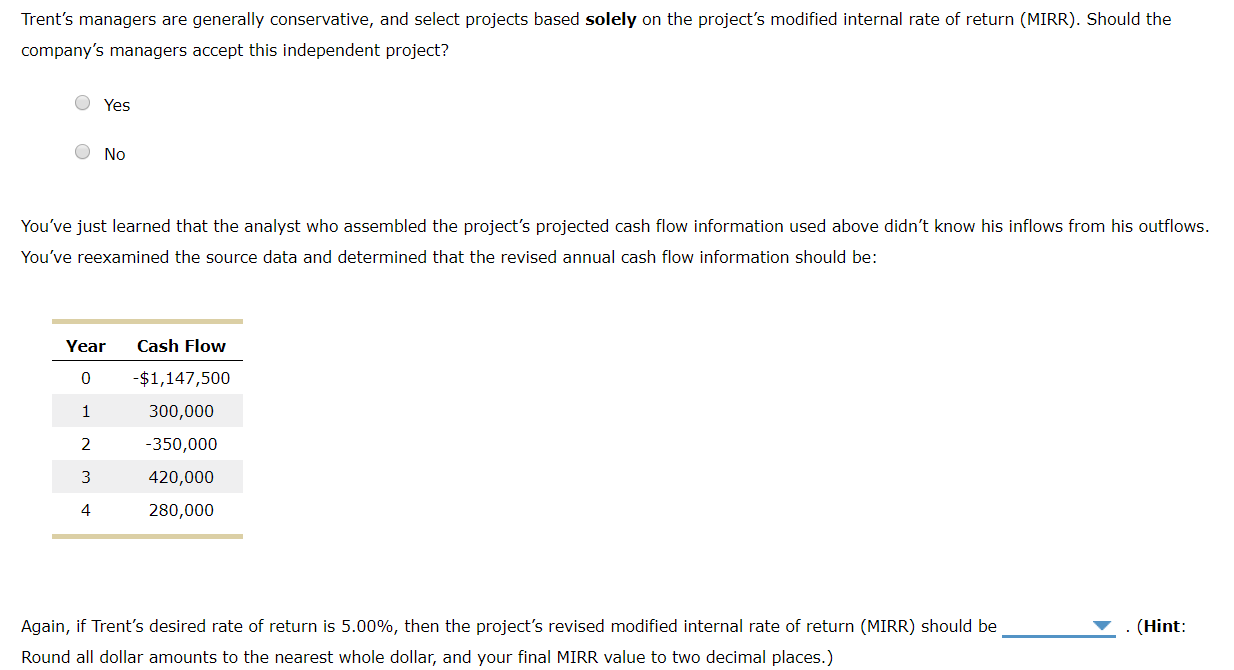 -12.52%, -8.73%, -7.59%, -6.45% Trent Manufacturing Inc. is analyzing a project with