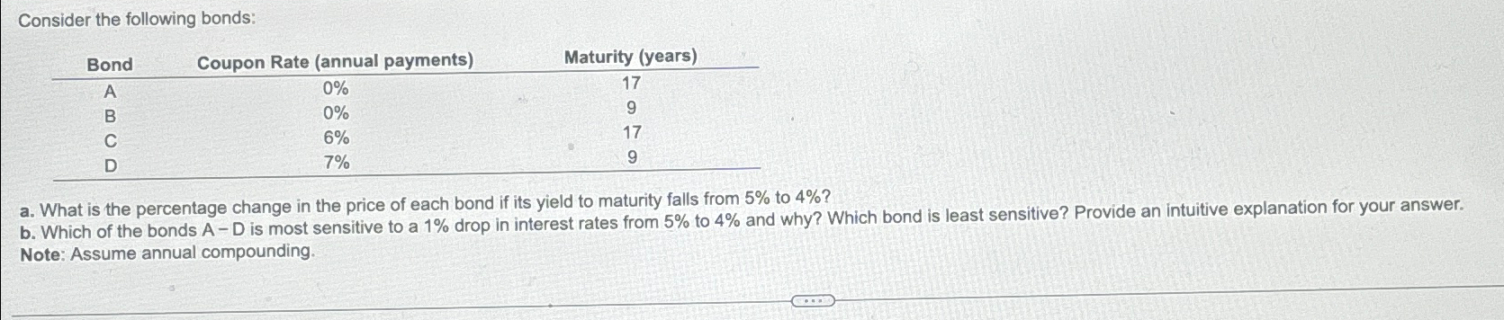  Consider the following bonds: \table[[Bond,Coupon Rate (annual payments),Maturity (years)],[A,0%,17],[B,0%,9],[C,6%,17],[D,7%,9]] a. What