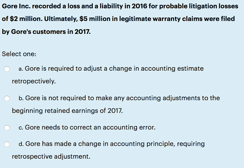 One multiple choice question Gore Inc. recorded a loss and a liability
