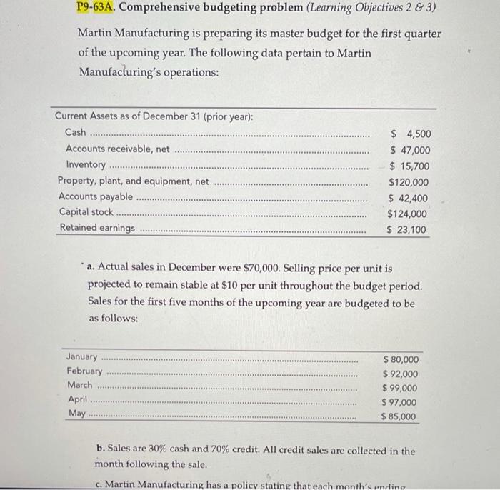  P9-63A. Comprehensive budgeting problem (Learning Objectives 2 & 3) Martin Manufacturing
