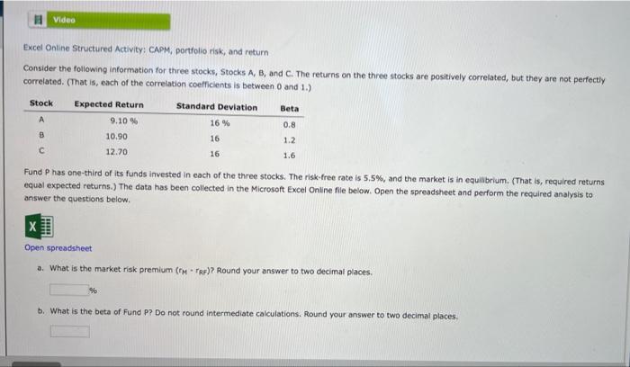  Video Excel Online Structured Activity: CAPM, portfolio risk, and return Consider