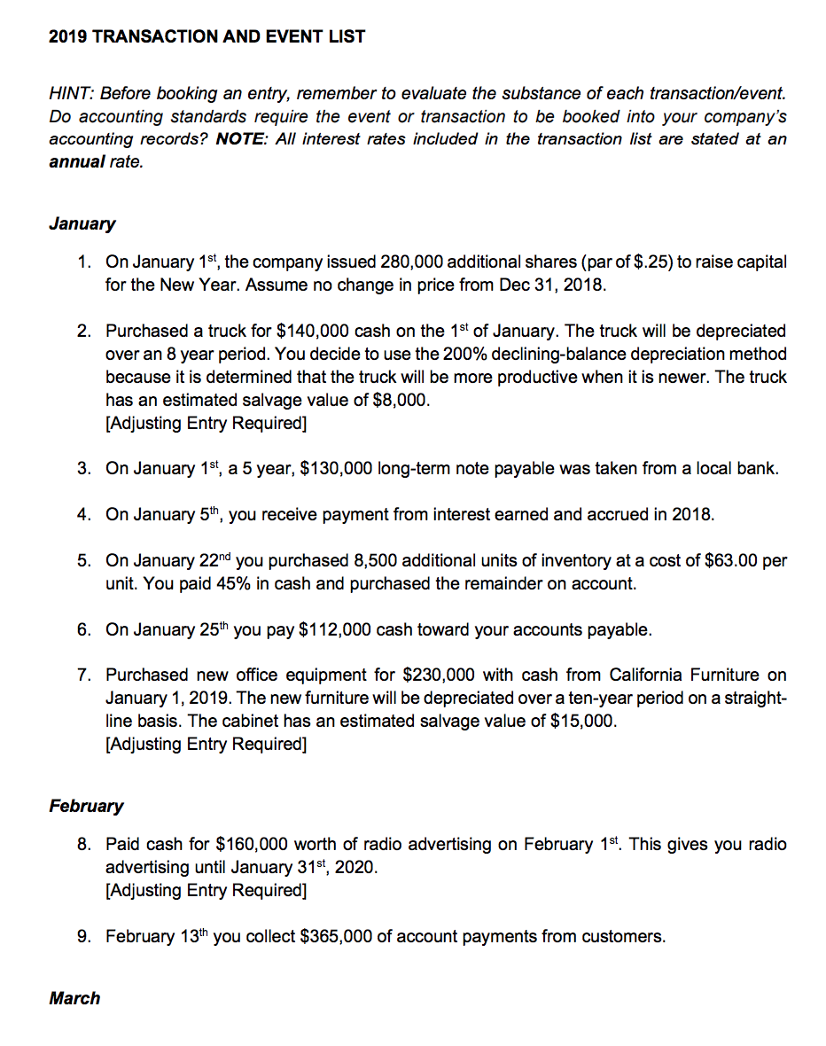 format. NOTE: You are recording entries for the fiscal year 2019 (Jan
