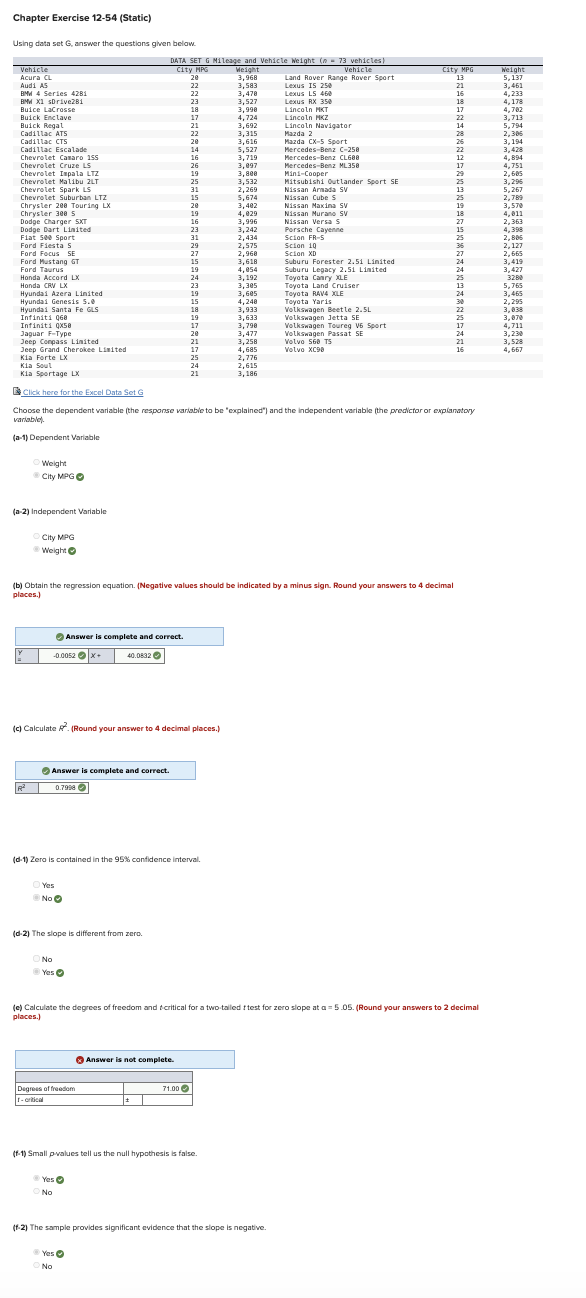  Chapter Exercise 12-54(Static) Using data set G, answer the questions given