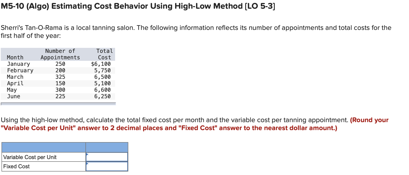  M5-10 (Algo) Estimating Cost Behavior Using High-Low Method [LO 5-3] Sherri's