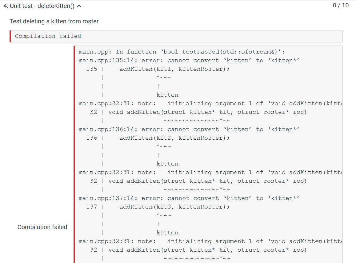 ros->size--; return true; } bool updateKitten(struct kitten* kit, struct roster* ros) {