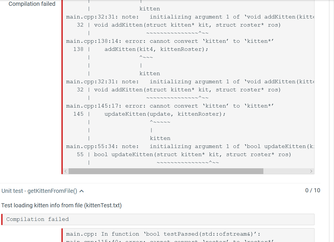 { coutkittens[i].namekittens[i].colorkittens[i].scoresize=0; myfile; ros->size++) { if(!myfile.eof()) { myfile>>ros->kittens[ros->size].name; myfile>>ros->kittens[ros->size].color; myfile>>ros->kittens[ros->size].score; } else
