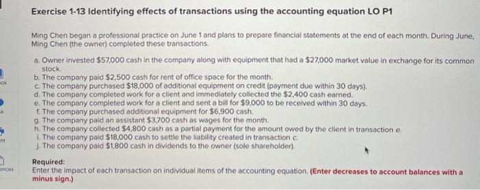  Need help ASAP! Exercise 1-13 Identifying effects of transactions using the