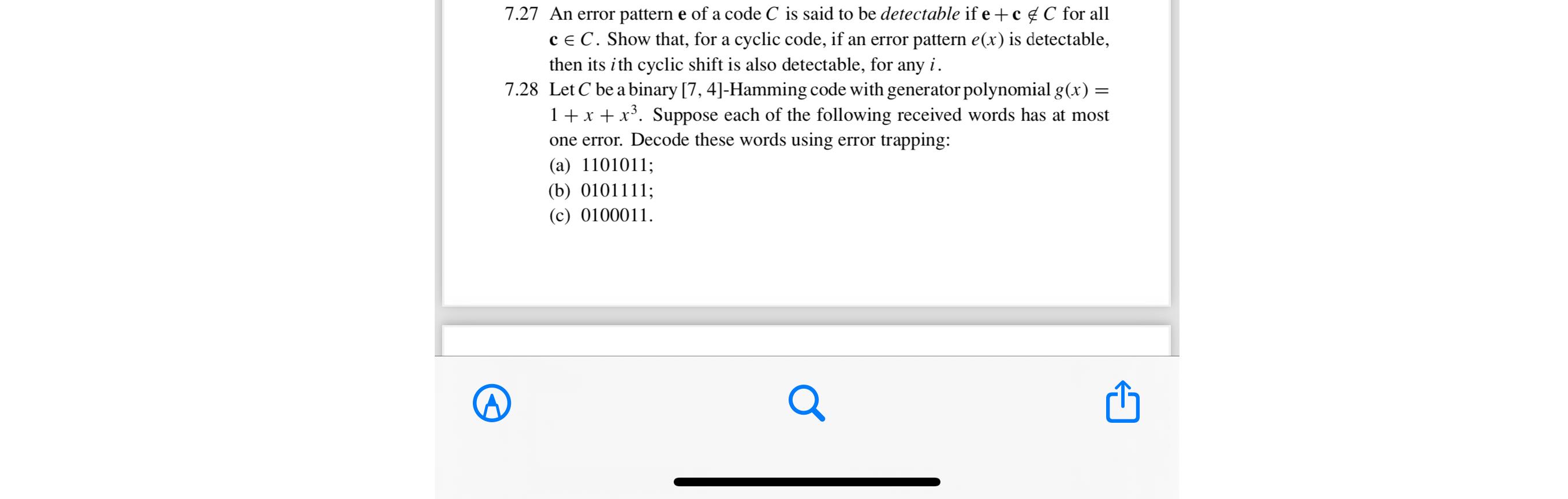  7.27 An error pattern e of a code C is said