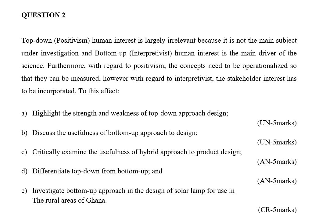  QUESTION 2 Top-down (Positivism) human interest is largely irrelevant because it