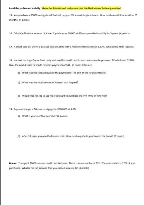  Read the problems carefully. Show the formula and make sure that