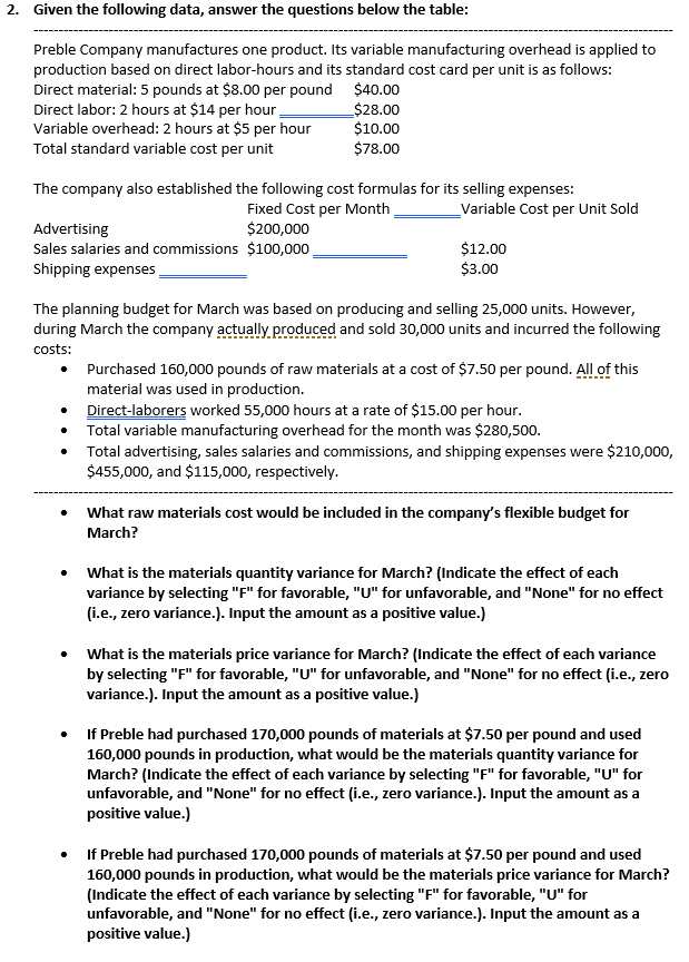  2. Given the following data, answer the questions below the table: