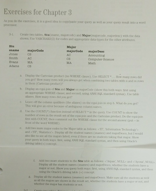  Need help setting this Oracle exercise up. Exercises for Chapter 3