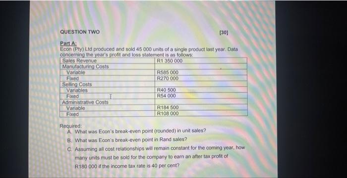 Hi, I need help with solving this QUESTION TWO [30] Part A: