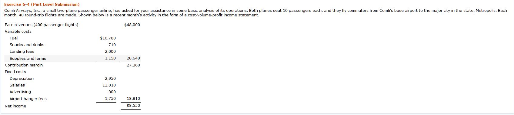  Exercise 6-4 (Part Level Submission) Comfi Airways, Inc., a small two-plane