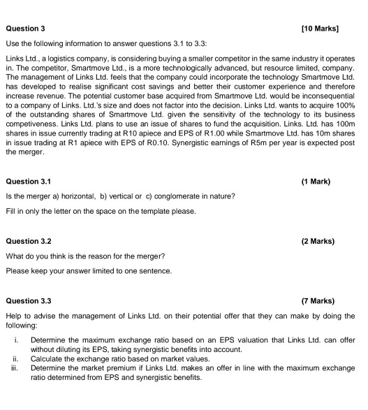 Question 3 [10 Marks) Use the following information to answer questions