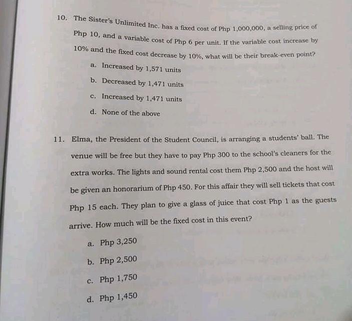 of flashlight monthly having a fixed cost of Php 40,000? The selling