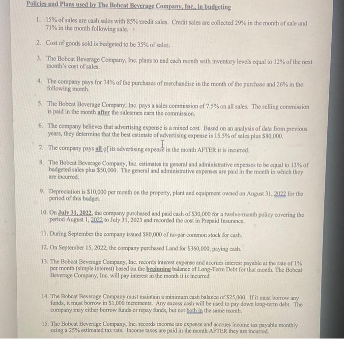 Company, Inc,, comprehensive budget for September 2022 and October 2022. Your budget