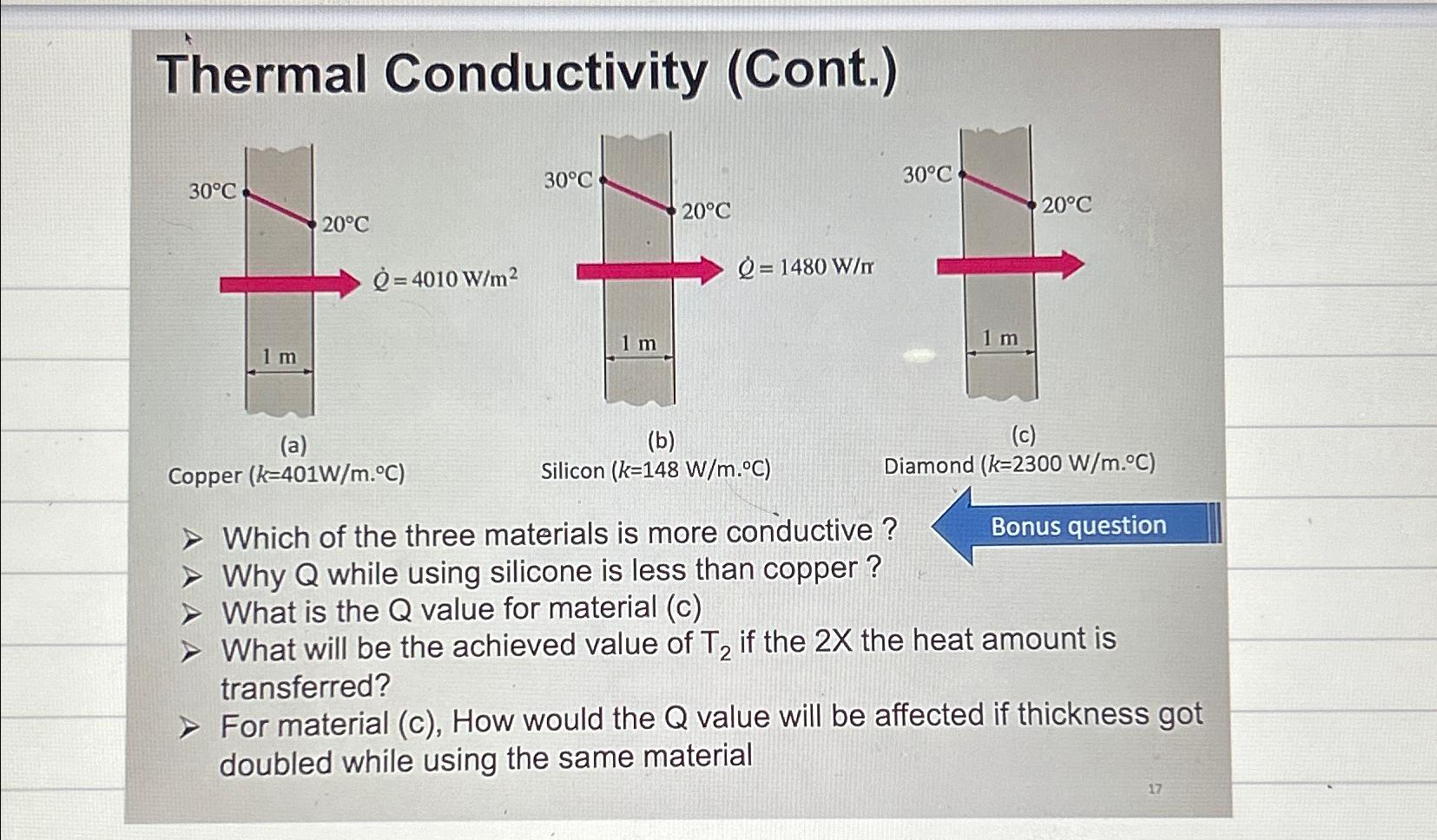  Thermal Conductivity (Cont.) (a) Copper )=(401Wm*C (b) Silicon )=(148Wm*C > Which