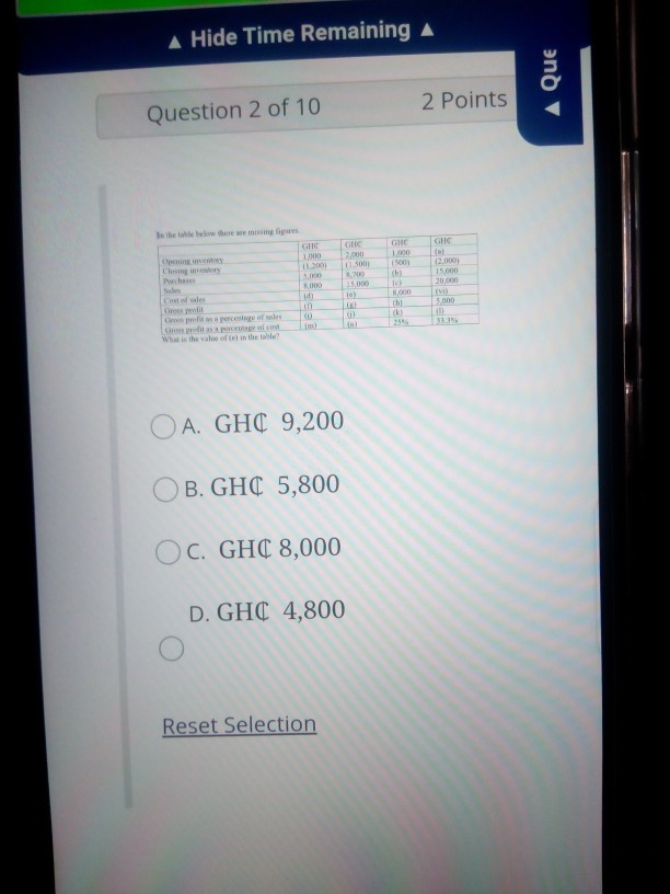  A Hide Time Remaining A A Que 2 Points Question 2