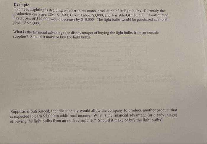  Example Overhead Lighting is deciding whether to outsource production of its