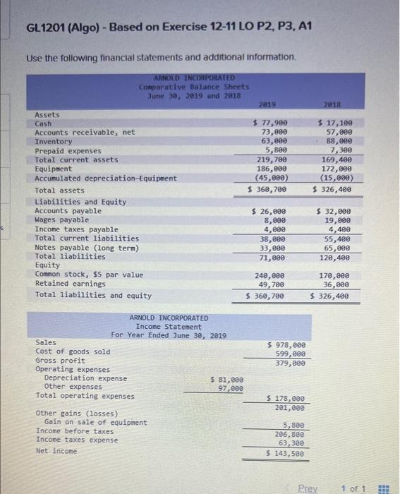  GL1201 (Algo) - Based on Exercise 12-11 LO P2, P3, A1