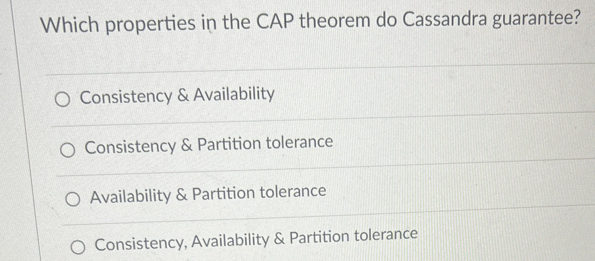  Which properties in the CAP theorem do Cassandra guarantee? Consistency &