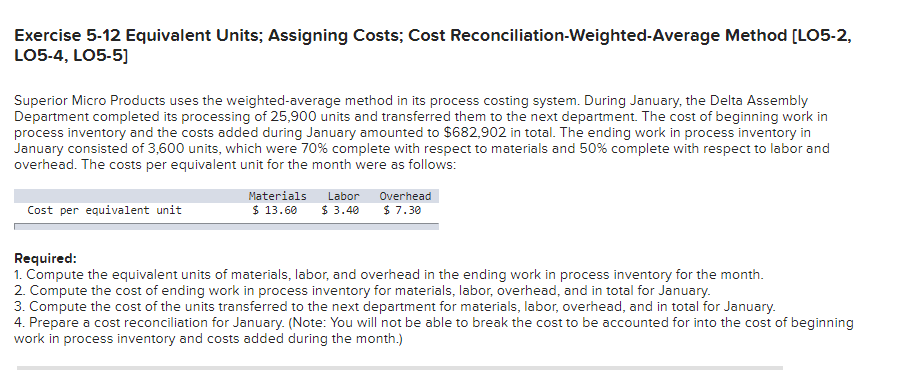Exercise 5-12 Equivalent Units; Assigning Costs; Cost Reconciliation-Weighted Average Method [LO5-2,