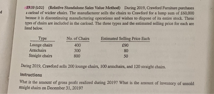  E9.10 (L02) (Relative Standalone Sales Value Method) During 2019, Crawford Furniture