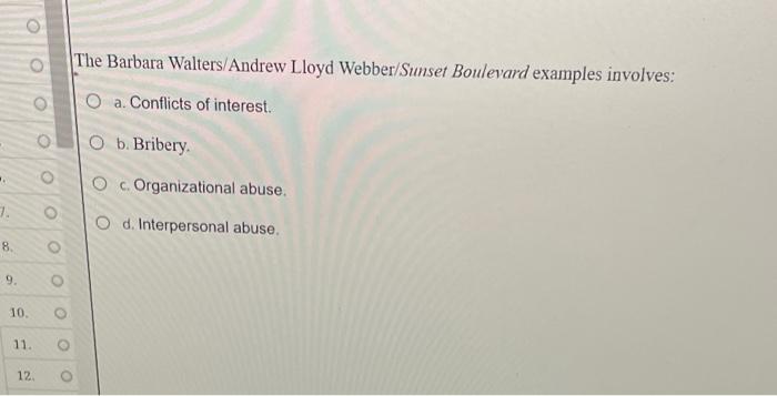  The Barbara Walters/Andrew Lloyd Webber/Sunset Boulevard examples involves: a. Conflicts of