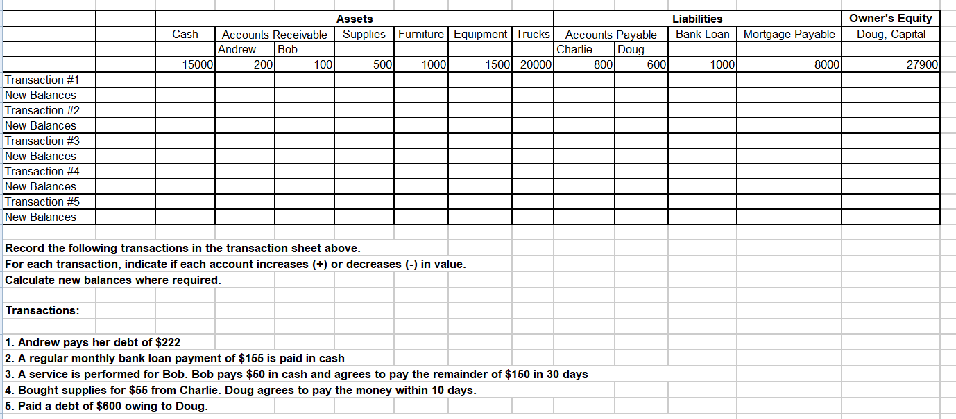 Transaction Sheet done in excel or google sheet or any table/chart making