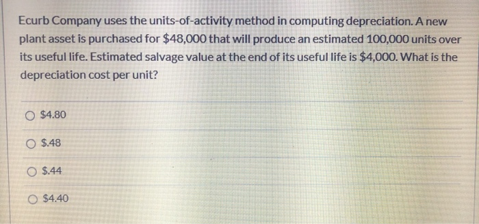  Ecurb Company uses the units-of-activity method in computing depreciation. A new