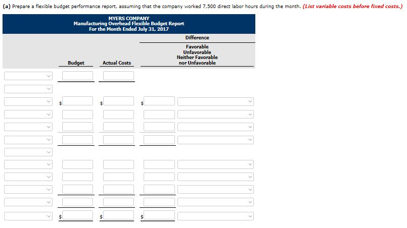 fixed costs.) MYERS COMPANY Manufacturing Overhead Flexible Budget Report For the Month