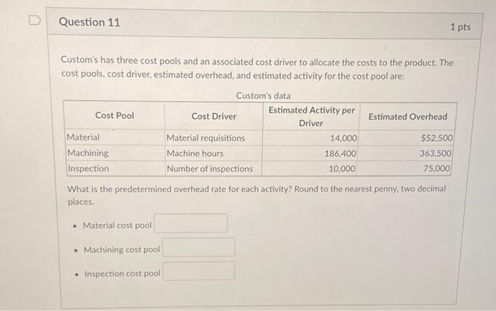  Question 11 1 pts Custom's has three cost pools and an