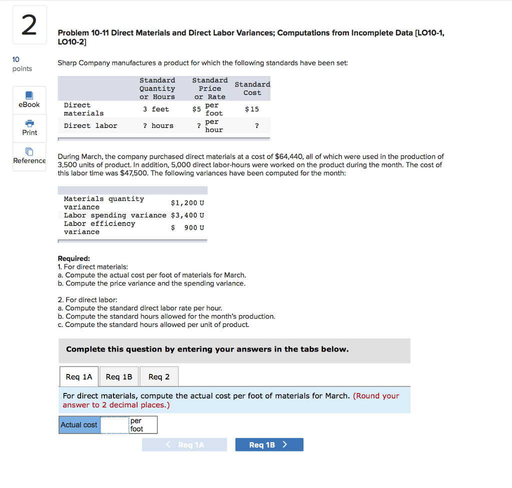 2 Problem 10-11 Direct Materials and Direct Labor Variances; Computations from