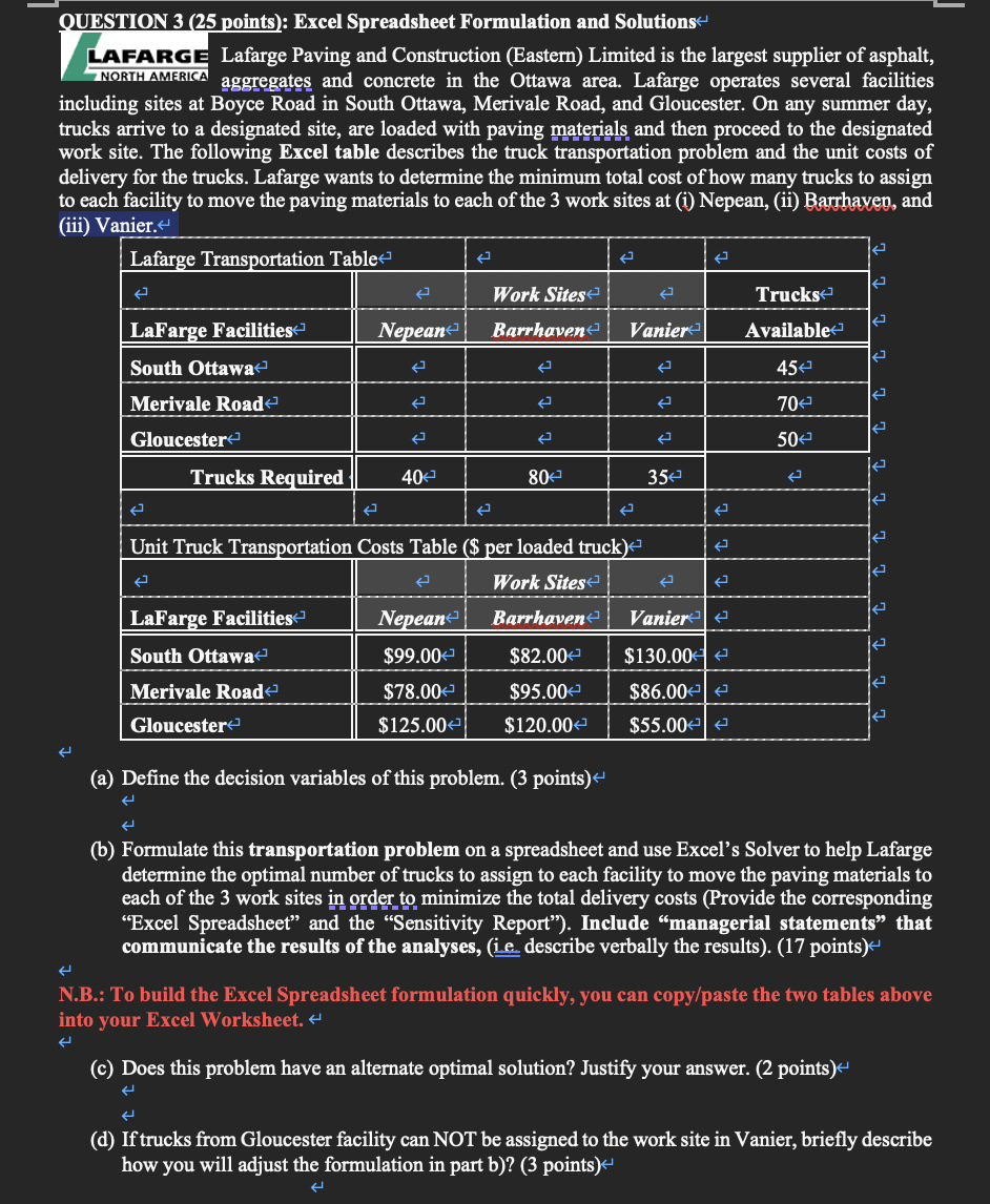 QUESTION 3 ( 25 points): Excel Spreadsheet Formulation and Solutions LAFARGE