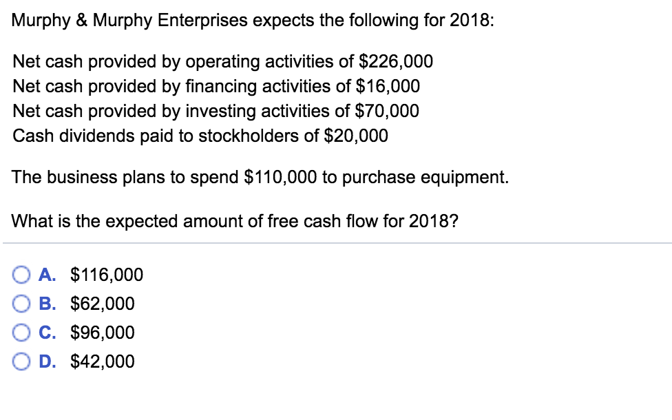 Murphy & Murphy Enterprises expects the following for 2018: Net cash