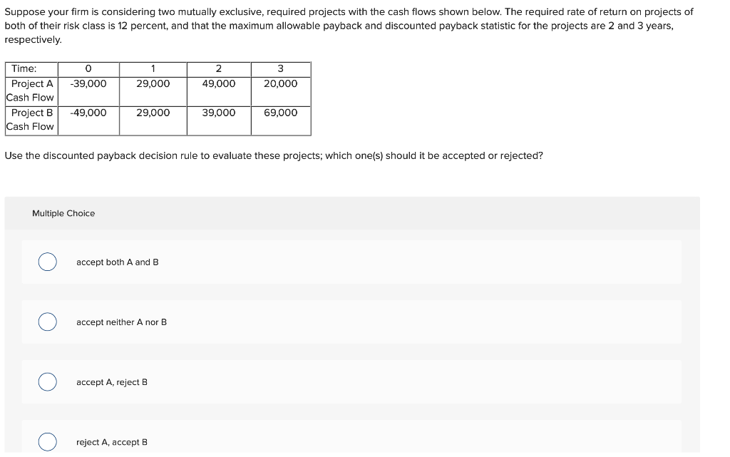  Suppose your firm is considering two mutually exclusive, required projects with