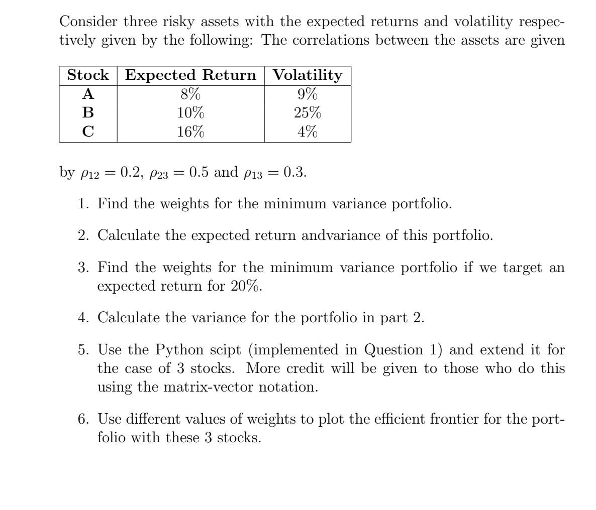 Consider three risky assets with the expected returns and volatility respec-