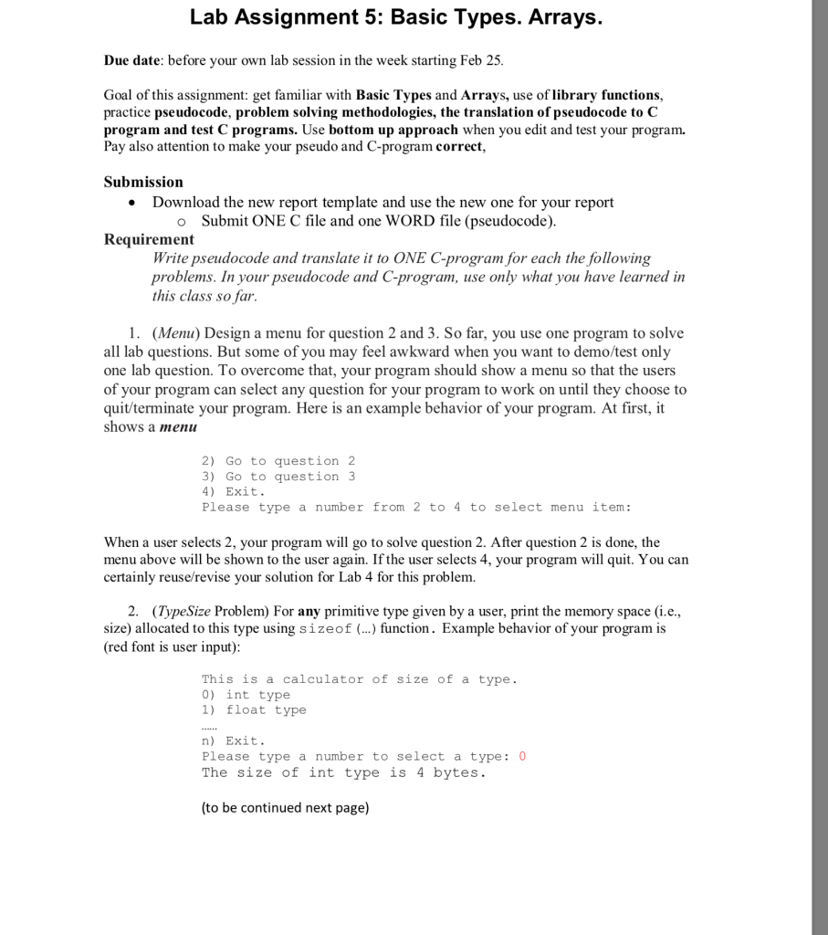  Lab Assignment 5: Basic Types. Arrays. Due date: before your own