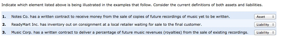  Indicate which element listed above is being illustrated in the examples