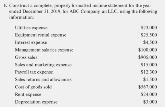  1. Construct a complete, properly formatted income statement for the year