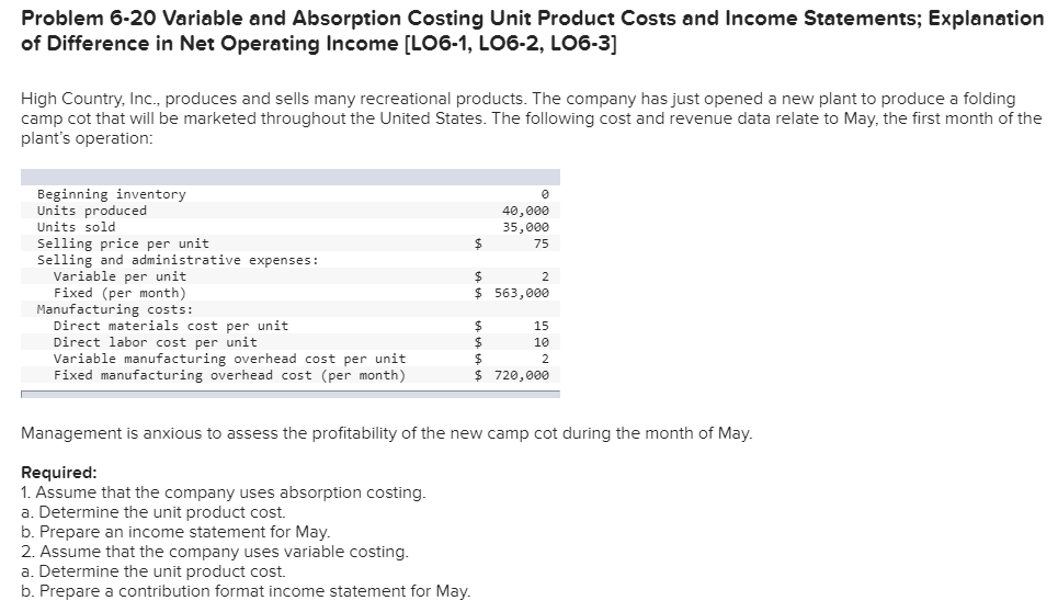 Problem 6-20 Variable and Absorption Costing Unit Product Costs and Income