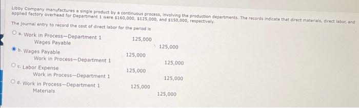  Libby Company manufactures a single product by a continuous process, involving