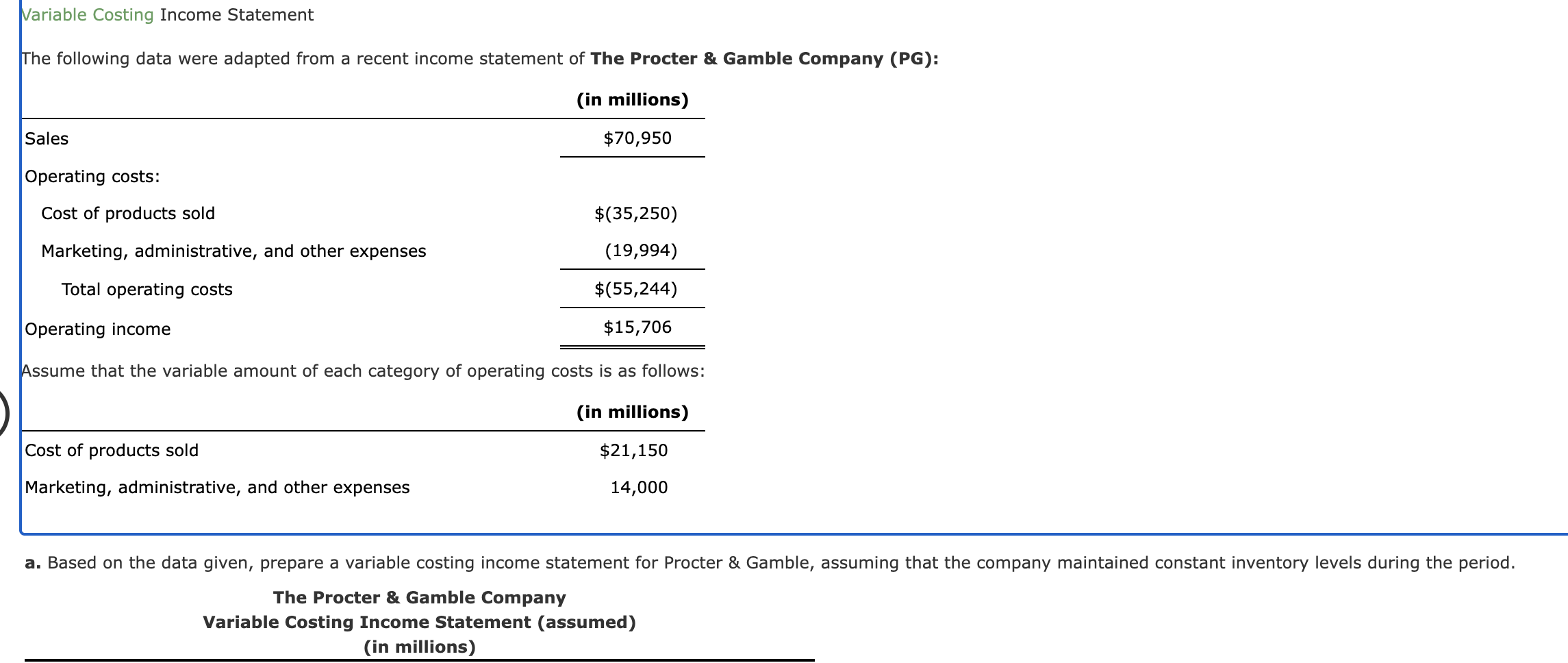 millions) Feedback Nariable Costing Income Statement The following data were adapted from